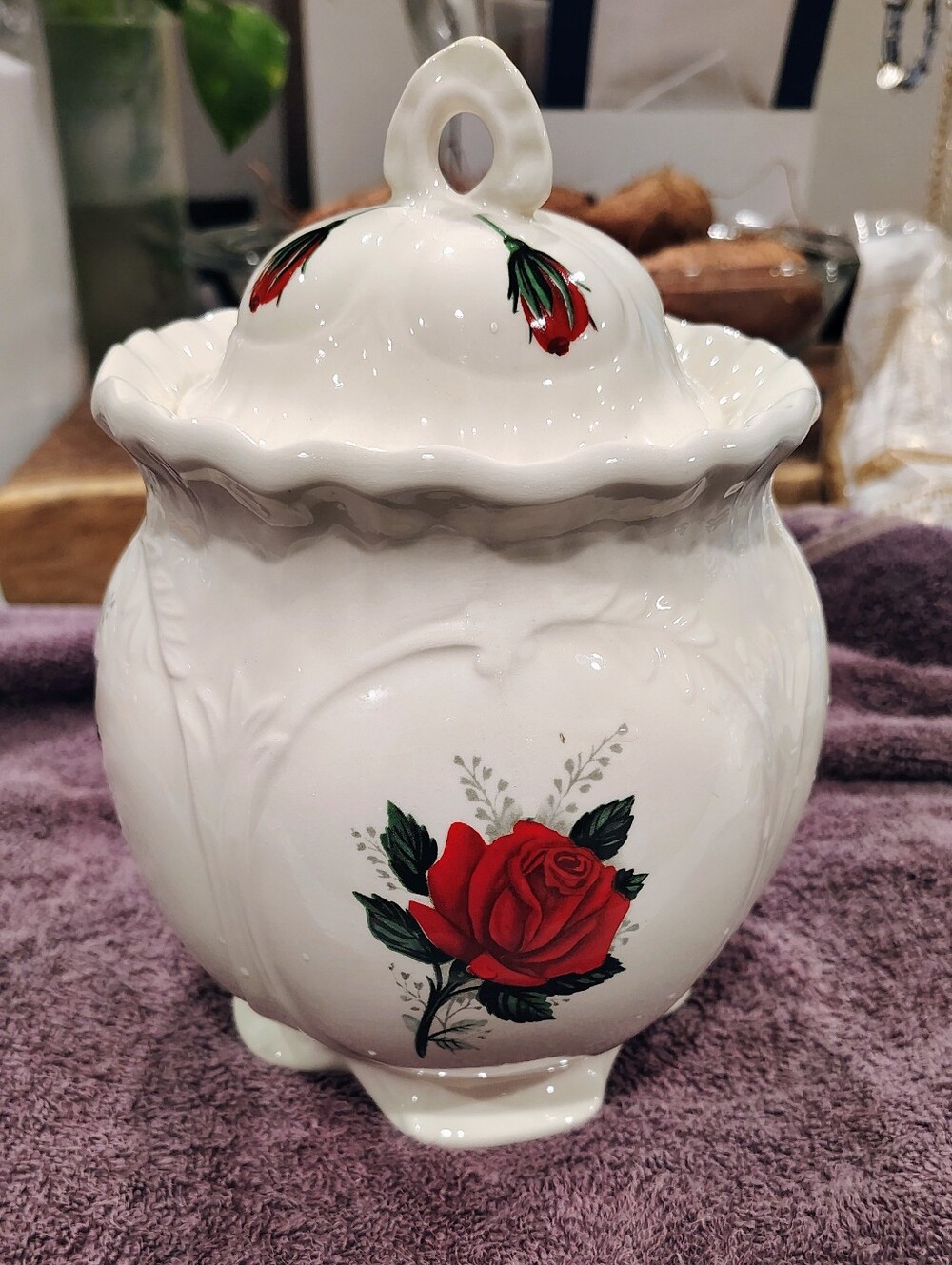 White Ceramic Rose Covered Jar - Decorative Home Art